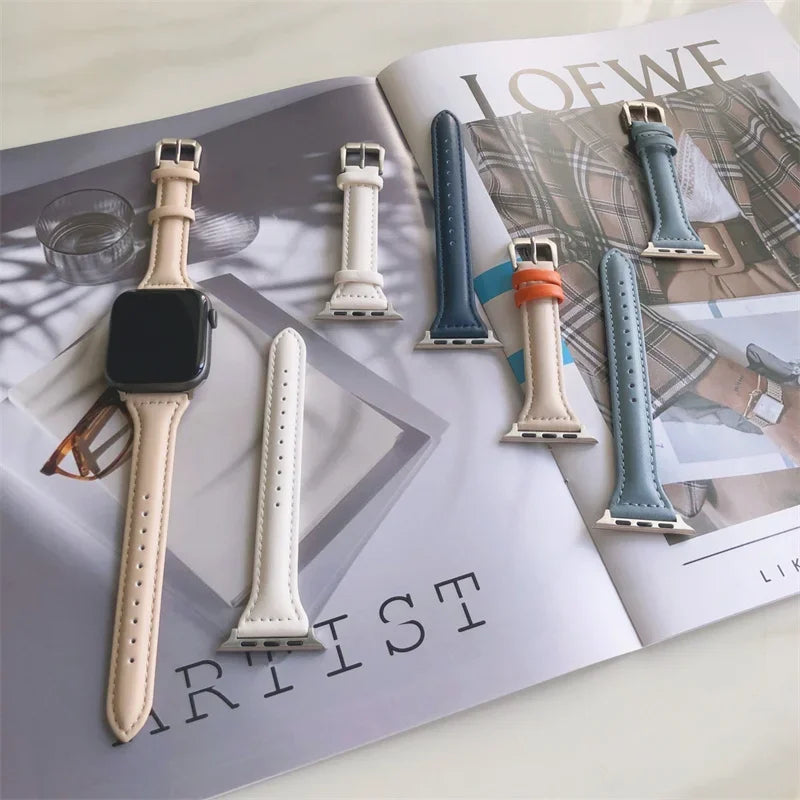 Slim leather strap for Apple Watch band 49mm series 7 8 9 41mm/45mm 38mm/42mm Wrist bracelet iWatch SE 6 5 4 3 40mm/44mm ultra-2